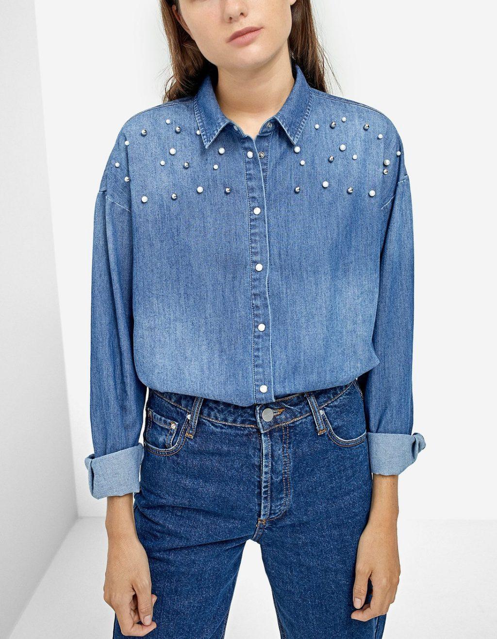 camicia denim stradivarius perle
